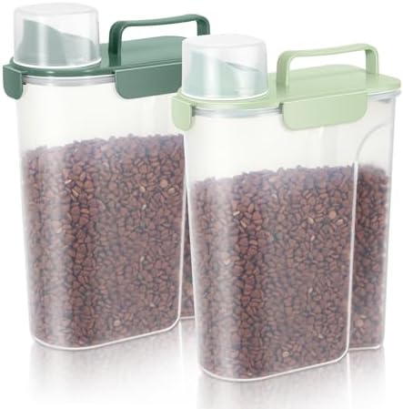 LEAWALK 5-7lbs Dog Cat Storage Container Portable with Upgraded Large Spout and Cup, Plastic Pet Food Dispenser for Small Animal Kibble, Bird Seed,Oatmeal, Rice,Flour, Brown Sugart-Green 2pack