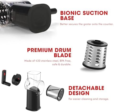 Rotary Cheese Grater Hand Crank with Foldable Handle, Three Blades