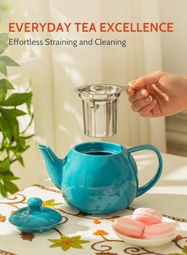 Sweese Teapot, Porcelain Tea Pot with Stainless Steel Infuser, Blooming & Loose Leaf Teapot - 27ounce, Steel Blue