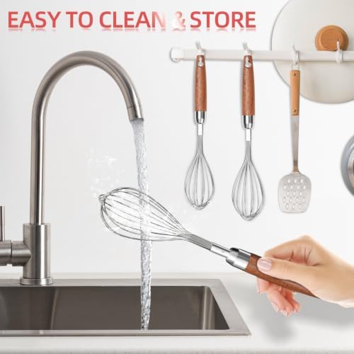 Stainless Steel Wire Whisk for Cooking- Wooden Handle Kitchen Multi Function Non Stick Balloon Whisk Egg Beater for Blending Whisking Beating Frothing Stirring Batters (9"L x 1.8"W)