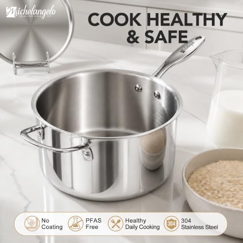 MICHELANGELO 4 Quart Stainless Steel Saucepan with Lid & Helper Handle