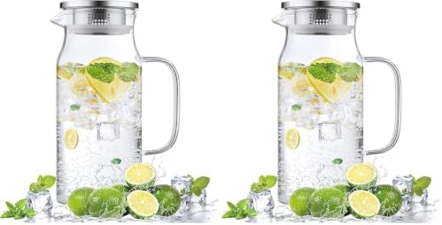 Bivvclaz 1.2 Liter 40 oz Small Glass Pitcher with Lid and Handle, Glass Carafe for Hot/Cold Water, Iced Tea Jug for Coffee, Juice and Homemade Beverage (Pack of 2)