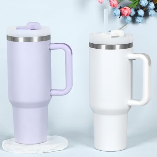 4 Pack 40 Oz Tumbler with Handle Bulk, Double Wall Vacuum Insulated Stainless Steel Tumbler with Lid and Straw, 40 oz cup with Silicone Spill Proof Stopper Set (White)