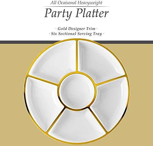 Plasticpro 6 Sectional Round Plastic Serving Tray/Platter (4, White & Gold)