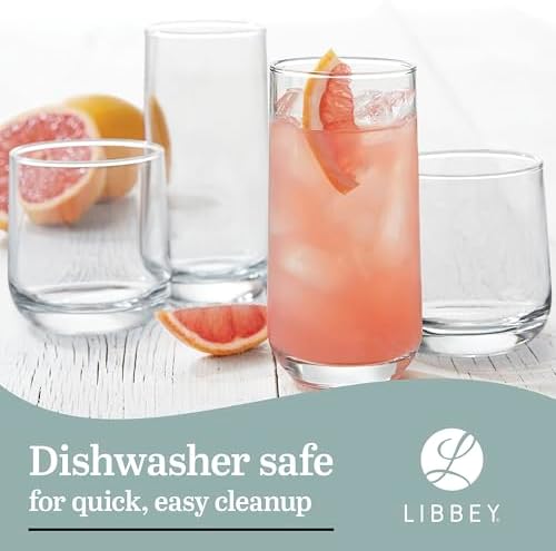 Libbey Ascent Tumbler & Rocks Drinking Glasses Set of 16, Clear Glass Cups