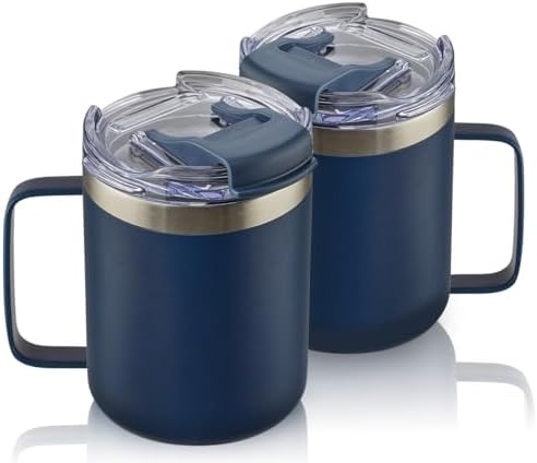 12oz Stainless Steel Insulated Coffee Mug with Handle, Double Wall Vacuum Tumbler Cup with Fliping Lid, Navy, 2 Pack