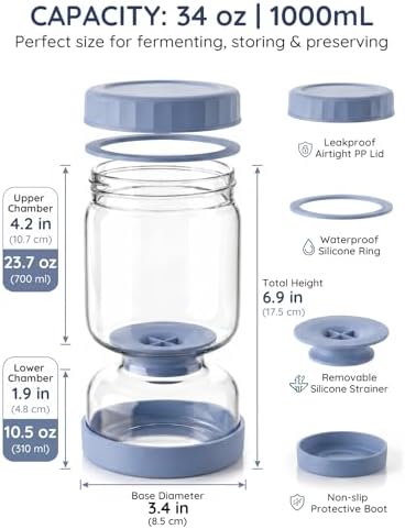 Homnoble Pickle Jar with Strainer Flip for Pickle Juice Separator from Wet and Dry, Upgrade Food-grade ABS Lid and BPA Free Hourglass Pickle Jar for Airtight Food Storage, Haze Blue