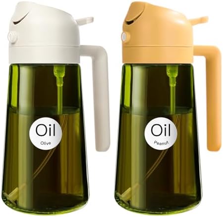 YARRAMATE 2PCS 16oz/470ml Oil Sprayer for Cooking with Stickers, Food-Grade 2 in 1 Olive Oil Dispenser Bottle for Kitchen, Premium Dark Green Glass Oil Bottle for Air Fryer, BBQ(White & Orange)