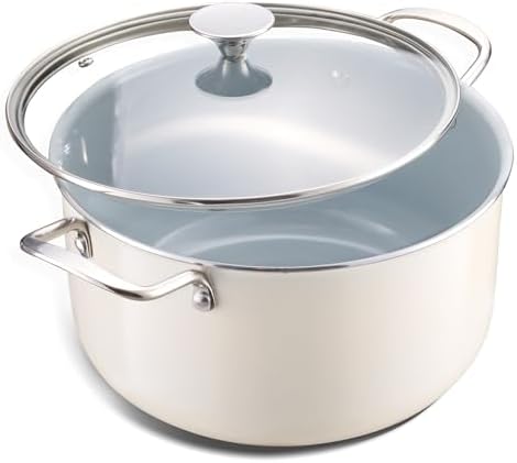 Ceramic Nonstick Stock Pot with Lid 8 QT Large Induction Cooking Pot with Stainless Steel Handles, Non Toxic Soup Pot for Stews, Oven & Dishwasher Safe, Cream White