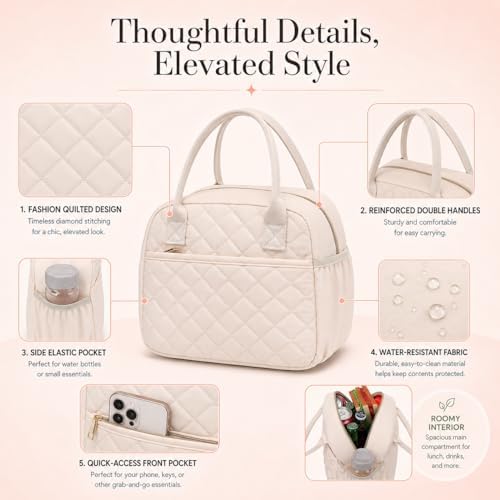 CAMTOP Lunch Box for Women Insulated Lunch Bag Lunchbox Cooler Thermal Leakproof Quilted Reusable Lunch Tote Bag for Work School Travel Picnic