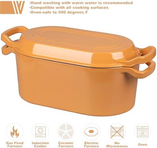 VORRINGARD Oval Dutch Oven Pot with Lid, Enamel Coating Cast Iron Bread Pans for Homemade Sourdough Bread Baking, Cooking, 4 Quart, Yellow