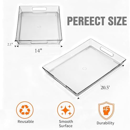 Clear Plastic Serving Tray with Handles, BPA-Free Storage Organizer Tray - Large Serving Trays 20.5"x14" Reusable Serving Platters for Appetizer, Fruit, Kitchen, Desk & Serving Tray for Party Supplies