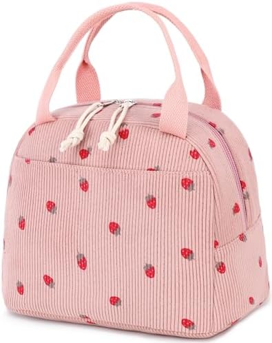 Bluboon Lunch Bag for Women Men Cute Corduroy Lunch Tote Bags Reusable Insulated Lunch Box Large Capacity Reusable Insulated Cooler for Work Picnic or Travel (Corduroy strawberry pink)
