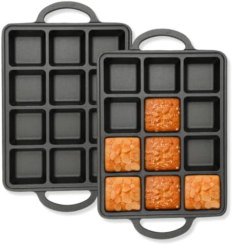 Flavehc 2Pack Cast Iron Brownie Pan with Dividers Individual 12 Cup Cavity Cast Iron Baking Pan for Brownies Square Muffin Pans Molds