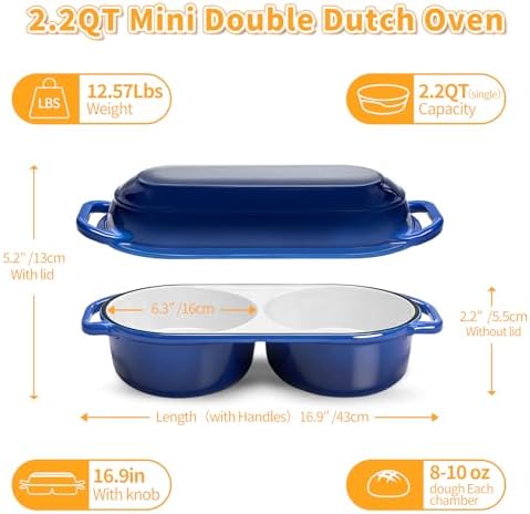 Mini Double Dutch Oven For Sourdough Bread Baking, 2.2QT Enameled Cast Iron
