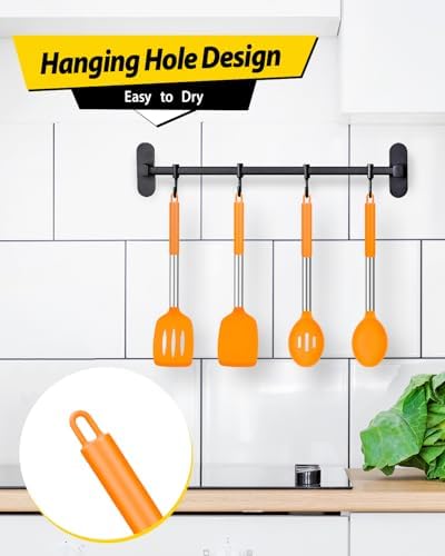 Pack of 4 Silicone Cooking Utensils Set, Non Stick Large Solid Spatulas, Heat Resistant Slotted Spoons, Ideal BPA Free Kitchen Turners for Frying, Mixing,Serving,Draining,Turning,Stirring (ORANGE)