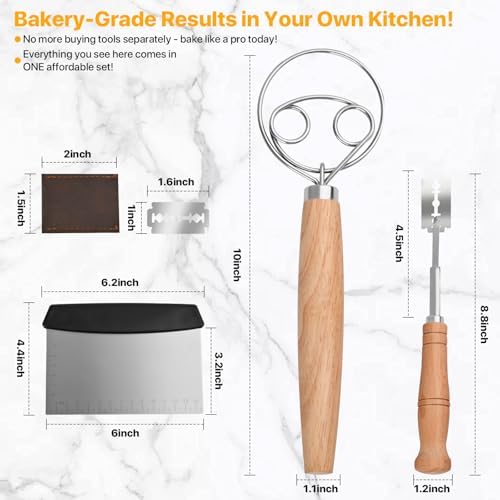 GIRLA Dough Whisk【Set of 3】Danish Dough Whisk,Dough Scraper & Bread Blades
