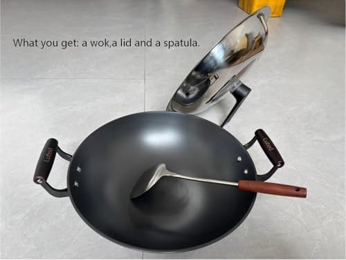 Chinese Wok with Lid, 15.2 Inch Flat Bottom, Cast Iron