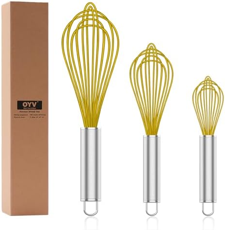 OYV Yellow Silicone Whisk Set of 3, 8/10/12 Inch, Non-Scratch
