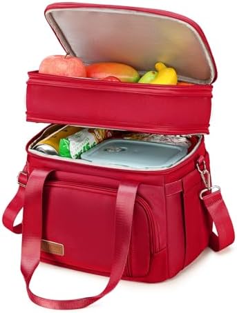MAPLELILY Lunch Box for Men Women - Double Deck Insulated Lunch Bag, Large Leak Proof Tote Cooler, Wide Open Dual Compartment Lunch Bags with Shoulder Strap, For Work Picnic Hiking Beach, Red