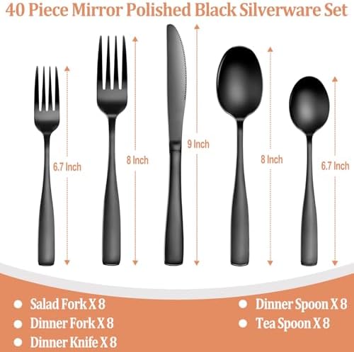40 Pcs Black Silverware Set, Stainless Steel Flatware Set for 8, Food-Grade Cutlery Set, Mirror Polished Tableware Eating Utensils Set for Home Kitchen, Include Knife Fork Spoon Set, Dishwasher Safe