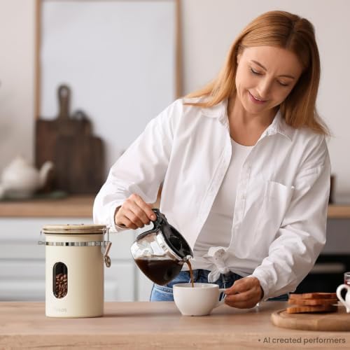 Veken Coffee Canister with Window, Airtight Stainless Steel Container, Gifts For Women, Kitchen Food Storage for Beans,Ground,Espresso,Rice,Tea, Sugar, Cereal, Lids,Jars, Scoop, Cream,22OZ (Pack of 2)