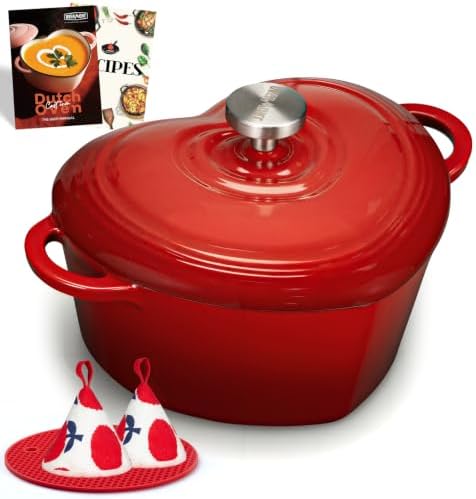 Overmont Enameled Cast Iron Dutch Oven - 2QT Heart-Shaped Mini Pot with Lid