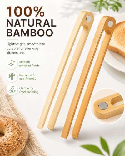 Magnetic Bamboo Toaster Tongs Set of 2, 8.7 Inch Natural Wood Toast Tongs, Eco-Friendly Kitchen Tongs for Toast, Bagels, Waffles, Serving, Space-Saving Kitchen Accessories