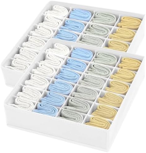 joyoldelf Sock Organizer Drawer Organizer - 2 Packs Underwear Organizer, 48 Cells Collapsible Closet Organizers and Storage Sock Holders Organizers for Storing Socks, Ties, Belts(White)