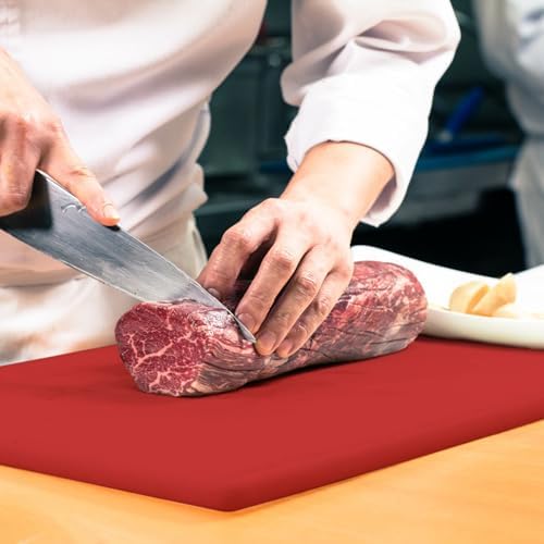 Dexas NSF Certified Polysafe Cutting Board with Handle and Juice Well, 12 x 18 inches, Reversible Kitchen Cutting Board, Red