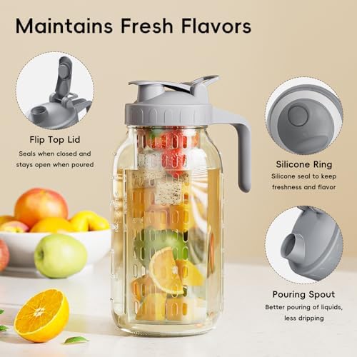 64 oz Mason Jar Pitcher, Glass Pitcher with Lid for Sun Tea & Iced Tea