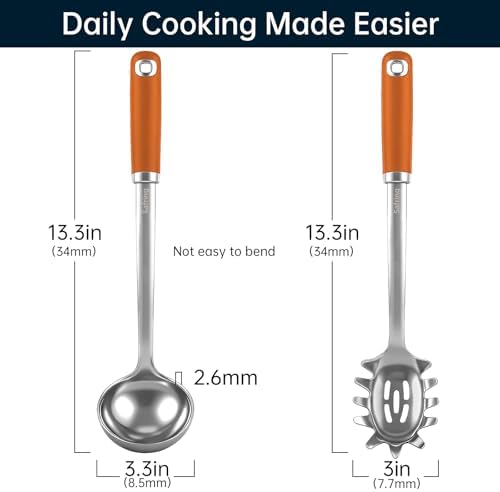 Safring Stainless Steel Soup Ladle and Spaghetti Spoon Set, Heat Resistant Rubber Handle, Dishwasher Safe, Kitchen Utensils for Cooking, Stirring, Serving Pasta, Soup & Sauce (Orange)