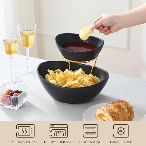 MALACASA 2 Tier Chip and Dip Serving Set with Metal Stand,Ceramic Appetizer Bowls for Party, Multi-Use Food Display for Fruits, Snacks,Black Elegant Tiered Serving Dishes for Party