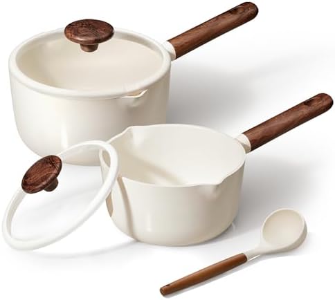 CAROTE 2QT & 3QT Sauce Pan Sets with Lid & Ladle Ceramic Nonstick Pot Set Non Toxic Saucepan Small Kitchen Cooking Pots, Easy to Clean, Induction Comptable, PFAS PTFE Free, White