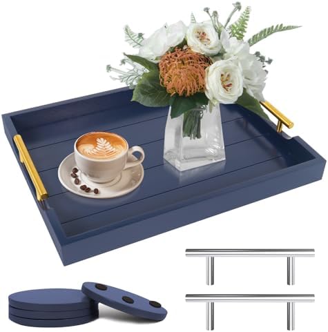 SXNOWS Wooden Serving Tray with 2 Sets of Handles,Navy Blue