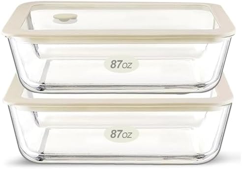 Urban Green Glass Food Container Set with Glass Lid, Large Meal Prep Container Set, Airtight Food Storage Containers with Air Vent Lid, 2 Pack, Large, 87oz, LeakProof, 100% Plastic Free, White color,