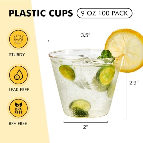 RACETOP 100 Pack 9 oz Gold Glitter Plastic Cups Tumbler