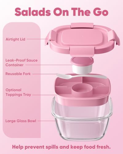 Canfanni Glass Salad Container, 56oz Bowl with Airtight Lids, Tray, Fork