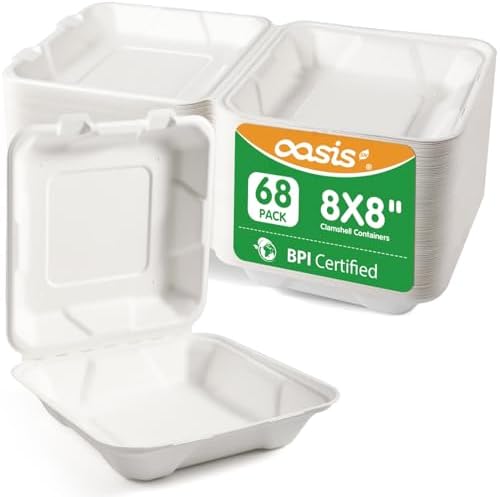 8x8 Inch 68 Pack Compostable Clamshell Take Out Food Containers, Disposable Paper To Go Boxes with Lids, Heavy Duty Sugarcane Bagasse Containers for Meals & Takeout, White