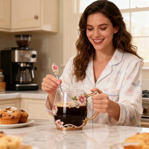 Flower Glass Coffee Tea Cup With Spoon Set Ideal Gifts For Mom Women Christmas Stocking Stuffers Valentine's Day Birthday Gifts For Her Girlfriend Wife Nice Present From Daughter Son(Short Red)