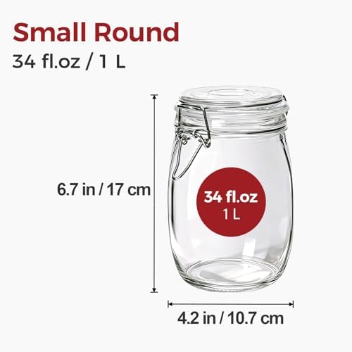 Glass Jars with Airtight Lids 34 oz 6 Pack Food Storage Pantry Round
