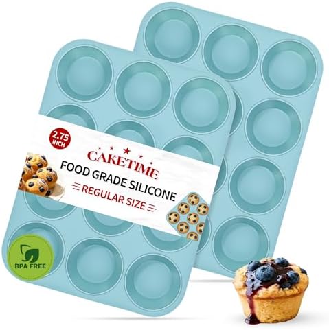 CAKETIME Silicone Muffin Pans for Baking, 2 Pack Regular Size Muffin Pan 12 Cups Non Stick Silicone Molds for Baking Muffin, Egg Bites, Cupcake BPA Free