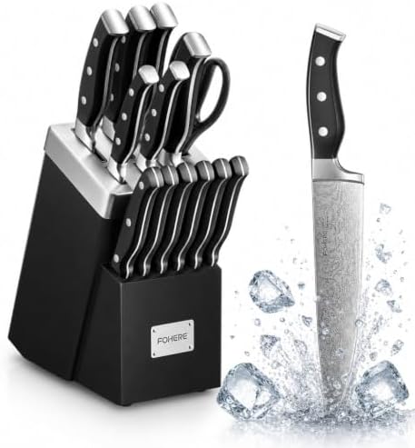 Knife Set, FOHERE 14 Pieces Self Sharpening Knife Block Set, High Carbon Stainless Steel Waved Pattern Knife Set with Block, Rust & Stain Resistant Kitchen Knives and Triple Riveted Handle, Black