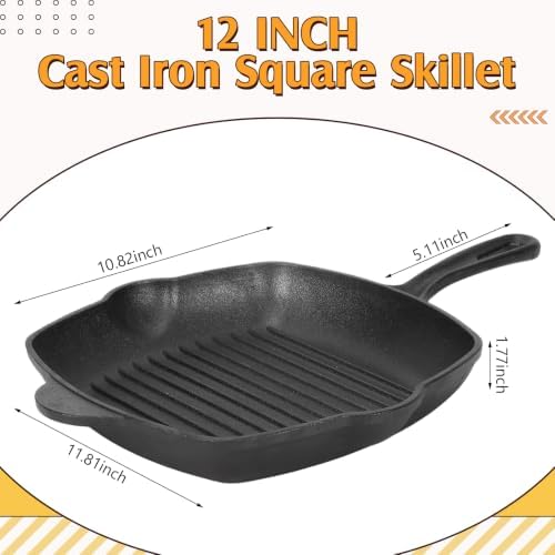 12 Inch Cast Iron Square Grill Pan, Seasoned Flat Skillets with Ring Handle, Cast Iron Square Grill Pan for Stove Top, Stylishly Designed & Heat Resistant for Kitchen Cooking
