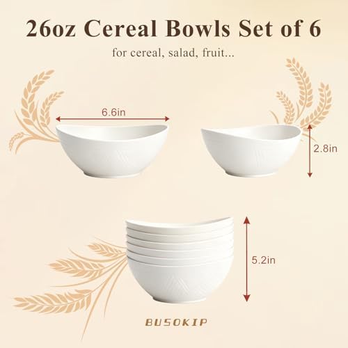 Soup Bowls Sets of 6, Unbreakable Wheat Straw Bowls 26oz - White