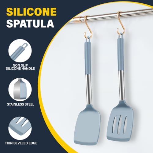 2 Pack Silicone Spatula Set, Solid & Slotted Turner for Non-Stick Pans, High Heat Resistant Silicone Spatula for Cooking, BPA-Free Stainless Steel Cooking Utensils for Fish, Eggs, Pancakes, Blue