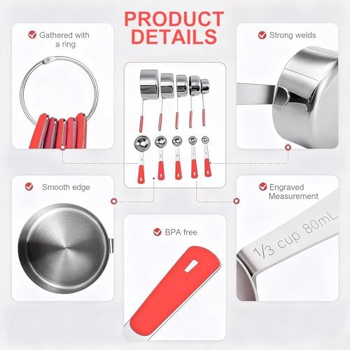 Bopei 10-Pcs Stainless Steel Measuring Cups & Spoons Set, Red Handles
