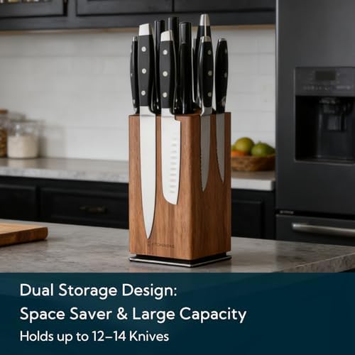 KITCHENDAO Magnetic Knife Block without Knives, 360° Rotatable Acacia Wood Knife Holder, Large Knife Storage with Magnet for Knives & Utensils, Kitchen Countertop Organizer