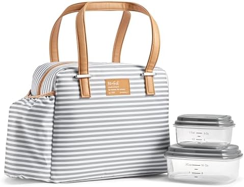Fit & Fresh Insulated Leakproof & Stain-Resistant Large Lunch Box For Women With Expandable Bottle Pocket, Laketown Lunch Bag Gray Stripe