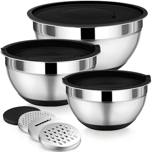 P&P CHEF Mixing Bowl with Lid Set of 3, Stainless Steel Salad Bowls, Black